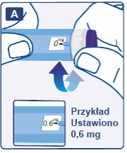 Hands holding an injector with dose set to 0 mg, and an example device with dose set to 0.6 mg, with a blue rotation arrow
