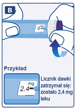 Close-up of hands holding a blue injector showing a dose counter indicating 0 mg, and an example with a reading of 2.4 mg