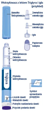 Diagram showing the structure of the Triglyva injector with labeled parts: cap, outer and inner needle shields, needle, label, scale, viewing window, label, flow symbol, counter, indicator, dose knob, and dose button