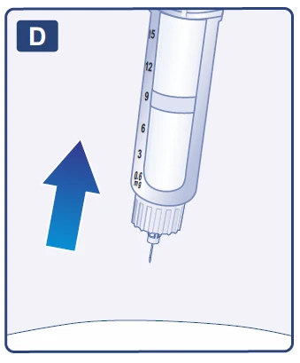 Blue upward-pointing arrow indicating the direction of movement of a syringe with a milliliter scale and needle on a white background, with the letter D in the corner