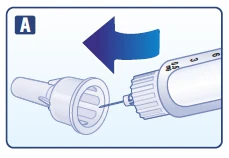 Blue arrow indicating the direction of attaching a needle from a white device onto a plastic adapter with an opening, to prepare for medication administration