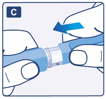 Hands holding a blue medication device, sliding a knob toward the body of the device, indicating the direction of movement marked by a blue arrow