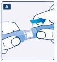 Two hands holding a blue medication device in injector form, with a blue arrow indicating movement of a component to the right