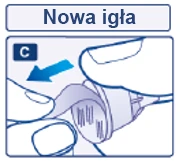 Close-up of hands manipulating the needle end, with a blue arrow indicating the direction of movement in an instruction labeled 'New needle'
