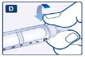 Close-up of hands holding an injector with a blue arrow indicating rotational movement of the knob to prepare a medication dose