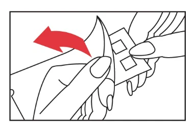 Hands removing a white protective layer from a square medical patch, indicated by a red arrow pointing to the left