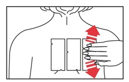 Illustration showing a person's torso with three vertical patches already applied, and a hand placing the final patch with a sliding motion