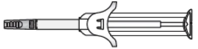Dibujo esquemático de una jeringa horizontal con émbolo, anillo ancho para los dedos y punta con aguja visible en el lado izquierdo