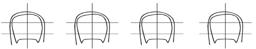 Quattro schemi identici a linea nera che rappresentano un contorno dalla forma simile a un teschio o un recipiente, sovrapposti agli assi cartesiani verticali ed orizzontali