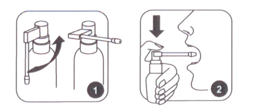 Schema delle istruzioni per l'uso dello spray: prima sollevare la leva del meccanismo, quindi dirigere la punta verso la bocca e premere il pulsante verso il basso