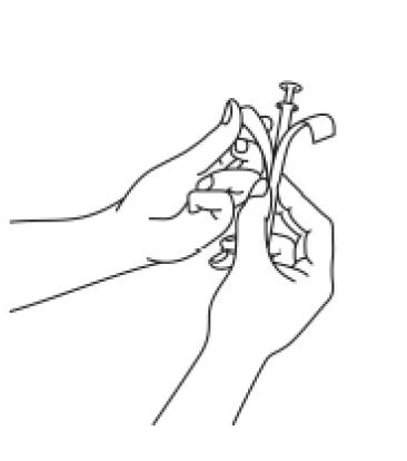 Due mani che impugnano e preparano una siringa con ago e un farmaco in una fiala per la somministrazione medica, rappresentata come disegno lineare in bianco e nero