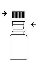 Schematic illustration of a bottle with two arrows pointing to the cap and the upper part of the container, indicating the process of opening or removing