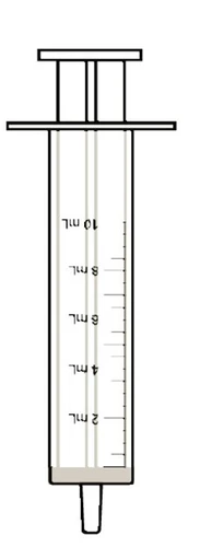 Transparent syringe with milliliter scale from 2 ml to 10 ml, shown in vertical orientation with plunger and needle tip