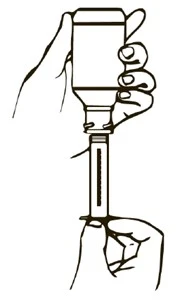 Two hands holding a vial of medication and a syringe attached to its neck for drawing up the preparation for administration