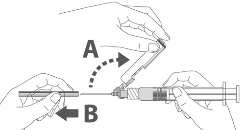 Hands preparing a syringe, one holding the needle, the other the syringe, with arrows A and B indicating the motions of attaching the needle and removing the safety cover