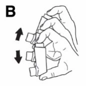 Two hands holding a vertical container with two black arrows indicating up and down movements next to the letter B