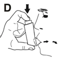 Illustration showing a hand holding an inhaler at a person's mouth, with black arrows indicating the pressing motion and the direction of airflow during inhalation