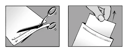 Drawing showing scissors cutting out a rectangular section of packaging and a hand lifting the cut piece upward