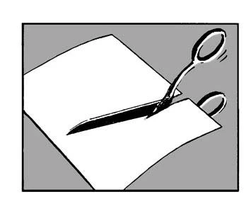 Black scissors cutting a white sheet of paper on a gray background, depicted as a simplified black-and-white line graphic
