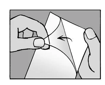Two hands tearing open a white pouch or package along a perforated line, with an indicating arrow suggesting the direction of separation