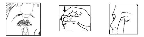 Tre disegni illustrativi: un primo piano dell'occhio, una mano che tiene un flacone di collirio e un dito che delicatamente tira giù la palpebra inferiore dell'occhio