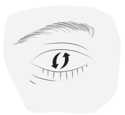Schematic drawings of the human eye with two black arrows forming a circle inside the pupil, symbolizing movement or cyclicity