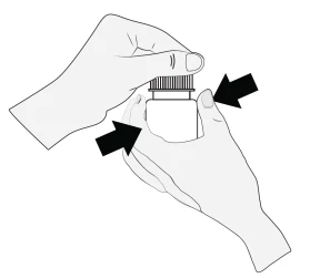 Two hands holding a white container with a cap, black arrows indicating the direction of squeezing the side of the package to open it