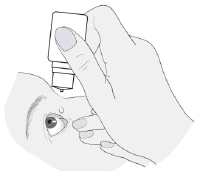 Una mano sostiene un pequeño frasco y aplica gotas oculares a una persona, mientras que la otra mano tira suavemente del párpado inferior para facilitar la administración del medicamento