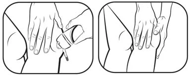 Due disegni in bianco e nero che mostrano una mano mentre applica un applicatore sulla coscia e un'altra mano che massaggia la zona dopo l'applicazione del farmaco sulla gamba