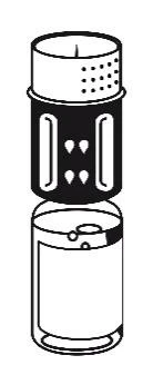 Black and white icon depicting a medicine vial with a cap and a second, empty vial placed directly beneath it