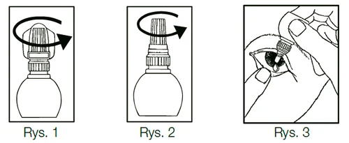 Tres esquemas instructivos: desenroscar la tapa del frasco del medicamento en el sentido de las agujas del reloj y aplicar gotas en el ojo