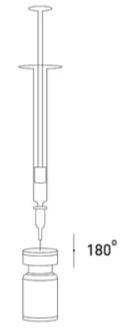 Schematic drawing of a syringe with a needle pointing toward a vial, with text indicating 180-degree rotation