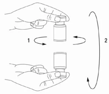 Hands holding a vial with two arrows indicating rotation of the vial around its own axis and rotation of the entire container vertically