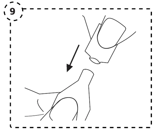 Schematic black-and-white instruction showing the process of connecting two components, indicated by an arrow inside a dashed frame with the number 9 in the corner