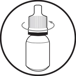 Black icon in a circle depicting a bottle with a cap, with a curved arrow around it suggesting twisting motion for opening or closing