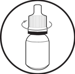 Black icon in a circle depicting a bottle with a dropper, with a gray arrow around it suggesting rotational movement of the cap