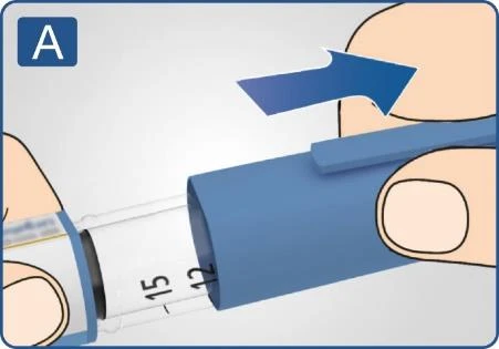 Close-up of hands removing a blue cap from a white medical device with black numerical scale markings 12 and 15