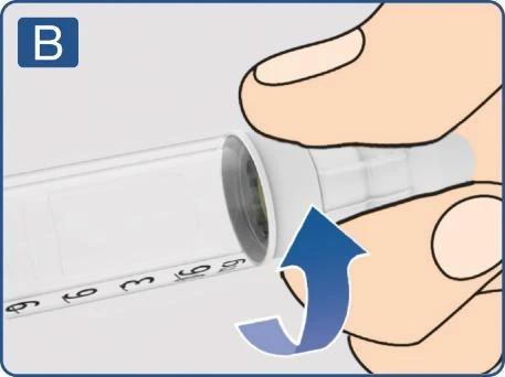 Close-up of hands holding a transparent syringe with graduations, with a blue arrow indicating rotational movement of the cap component