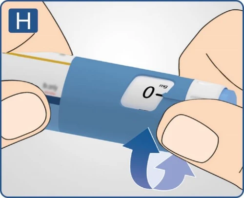 Hands holding a blue injector showing a dose counter of 0 mg and a blue arrow indicating rotational movement of the device