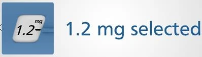 Close-up of a white button with black text '1.2 mg' on a blue background and adjacent blue text indicating selected dose of 1.2 mg