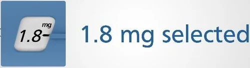 Close-up of a dosing window displaying '1.8 mg' and adjacent text indicating selected dose of 1.8 mg on a light background