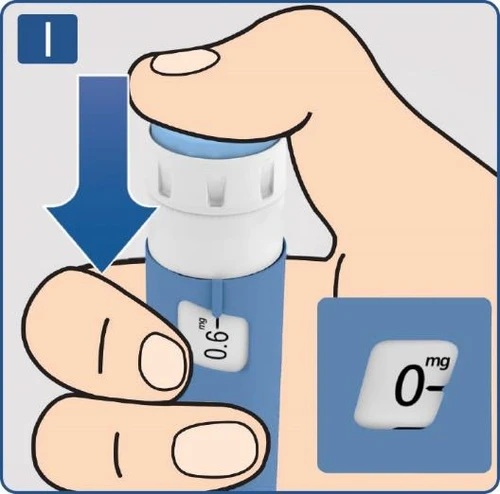 Hand holding a blue-and-white injector showing a dose of 0.6 mg, with an arrow indicating downward movement to use the device