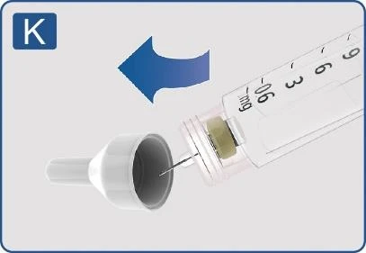 Blue arrow indicating direction of placing a white cap onto the syringe needle with visible milligram scale and black plunger
