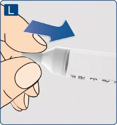 Left hand holding a white injector with graduations, directing the device tip toward an unknown object, with a blue arrow indicating direction of movement