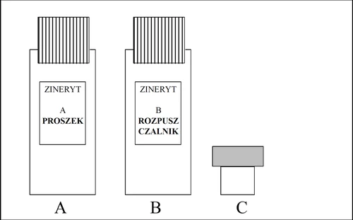 Tre bottiglie bianche con scritte nere: bottiglia A con la scritta ZINERYT A POLVERE, bottiglia B con la scritta ZINERYT B SOLVENTE e una piccola bottiglia C