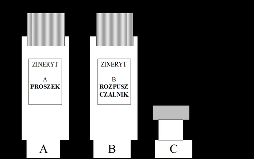 Three white vials labeled A marked powder, B marked diluent, and a smaller vial C on a black background
