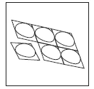 Grafica schematica in bianco e nero che rappresenta sei cerchi disposti in due file all'interno di cornici rettangolari inclinate