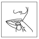 Drawing showing a hand holding a round tablet near the open mouth of a person ready to swallow the medication