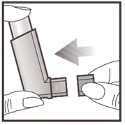 Hand holding an inhaler, the other hand opening the cap, arrow indicating the direction of opening for preparation prior to use
