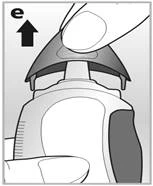 Hand pressing the upper part of the inhaler to activate a dose of medication, with an arrow indicating upward movement